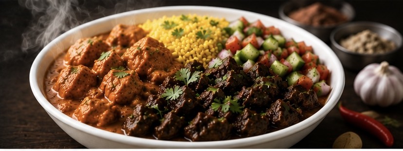 Why My Spice N Rice — quality meat guarantee, made fresh to order, premium ingredients and authentic Indian flavours, shown with a bowl of butter chicken and beef curry on masala rice