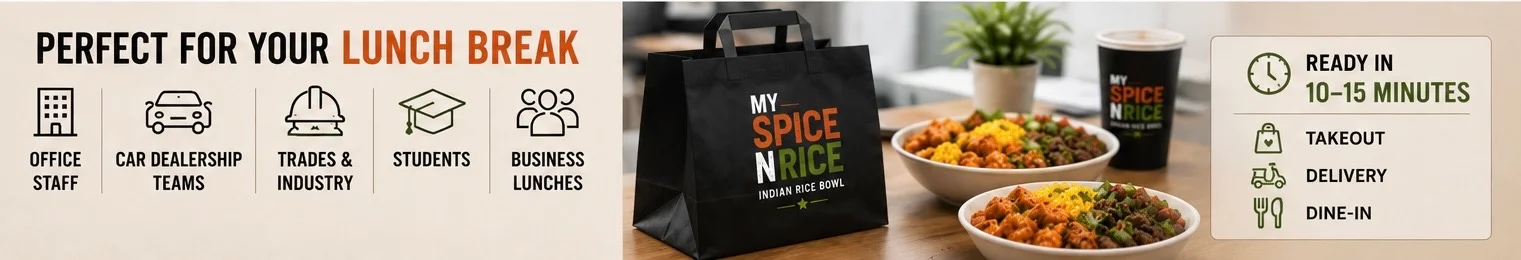 Perfect for your lunch break — office staff, car dealership teams, trades and industry, students and business lunches; ready in 10 to 15 minutes with takeout, delivery and dine-in