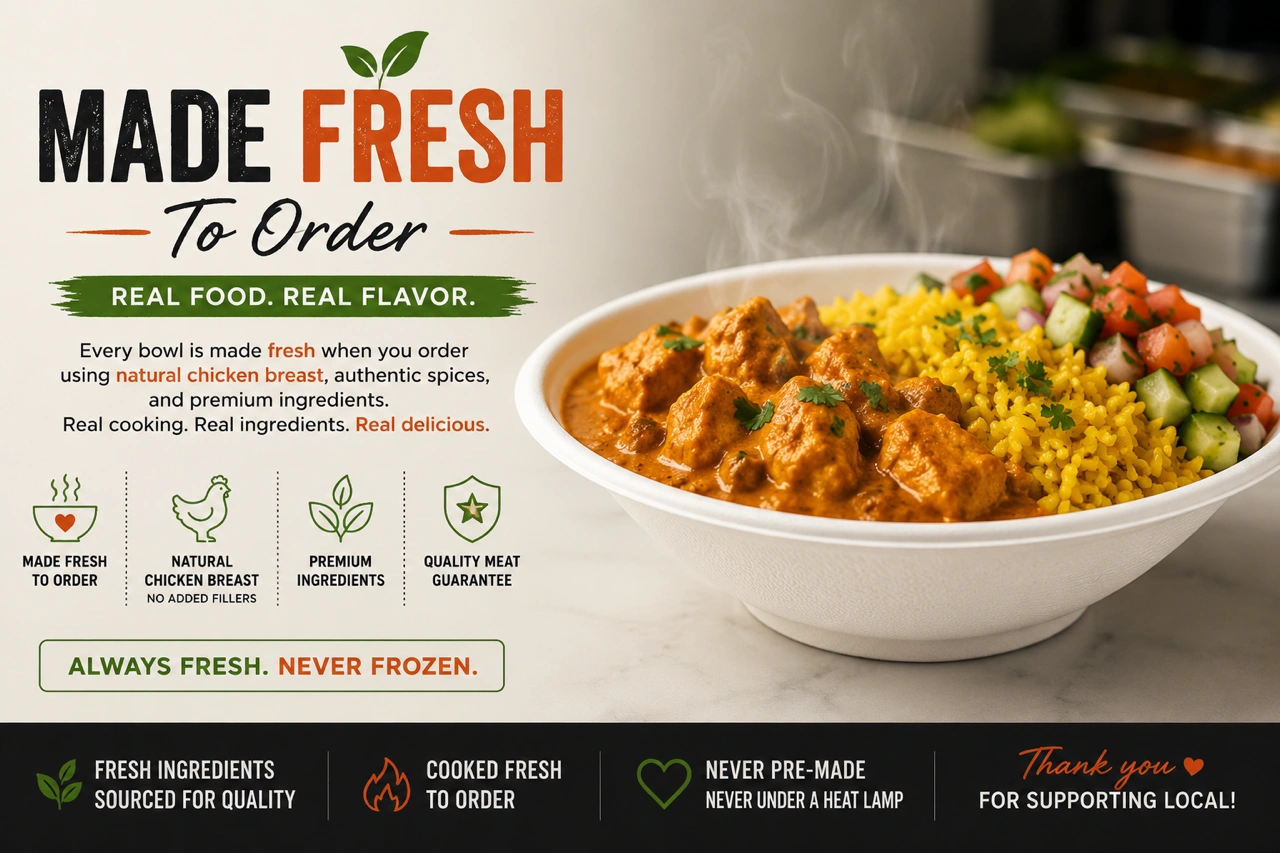 Made fresh to order at My Spice N Rice — real food, real flavour; always fresh, never frozen Indian rice bowls in SE Calgary